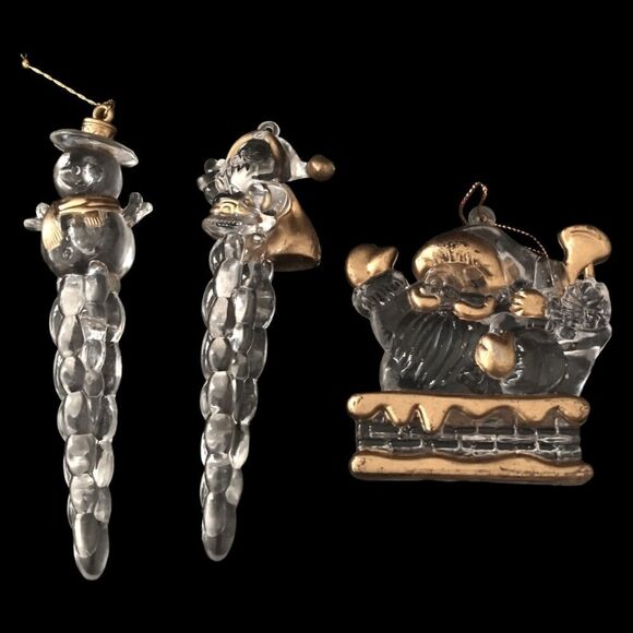 Acrylic Icicle Ornaments Lot x 3 Snowman Santa Claus Gold Trimmed Clear Lucite. - Picture 5 of 16